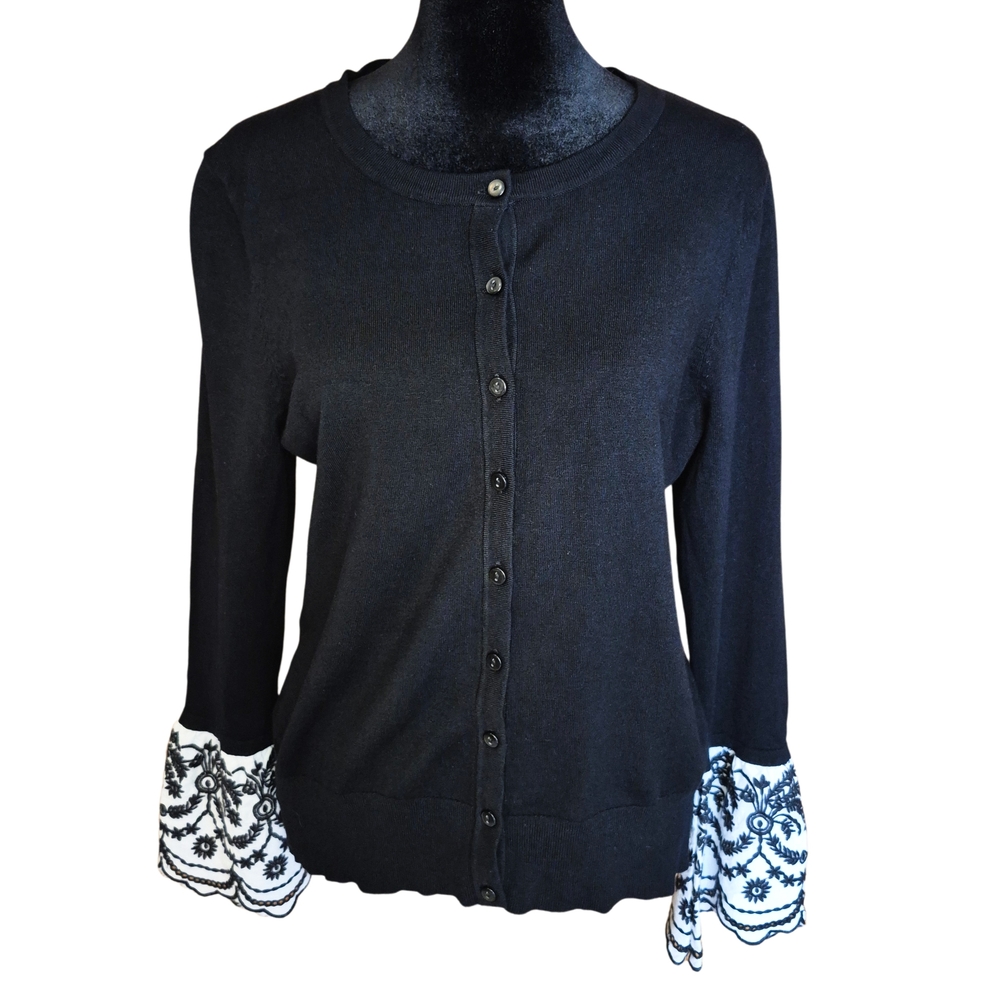 NWT Charter Club Black Cardigan Embroidered Cuffs Small Elegant Classic
